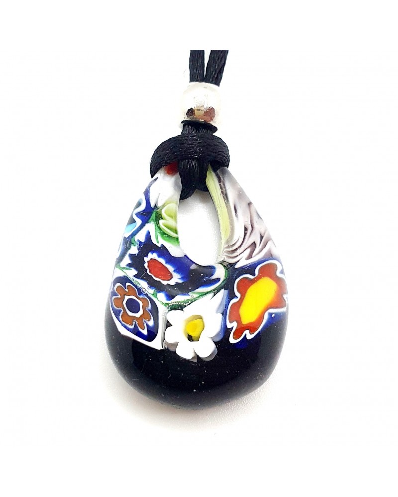 Pendentif Ancien En Verre De Murano Signé – Rectangle, Cordon 54 Cm, Tons Noir/or/blanc