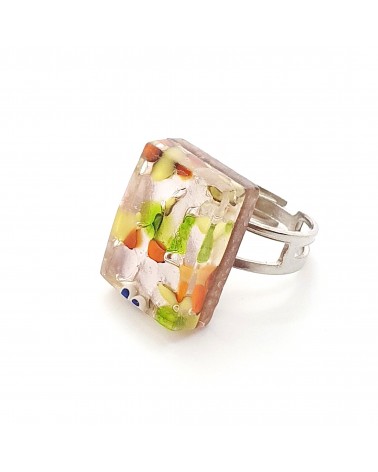 Bague rectangle en verre de Murano et murrine bijoux fantaisies artisans italiens