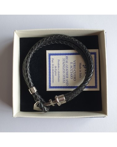 Bracelet ancre de marine en cuir noir bijoux italiens fait à la main