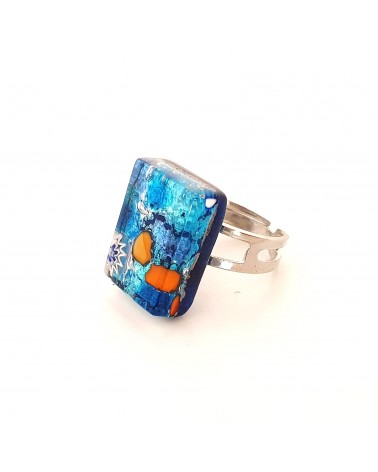 Bague rectangle en verre de Murano et murrine bijoux fantaisies artisans italiens