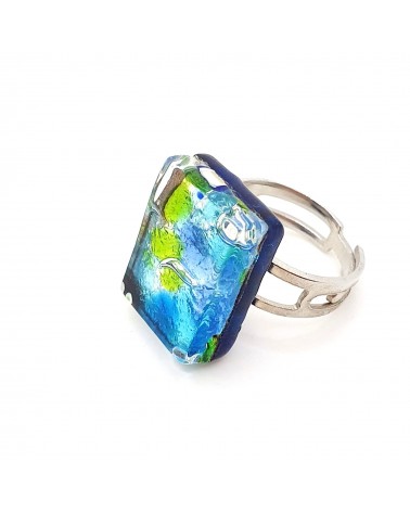 Bague rectangle en verre de Murano et murrine bijoux fantaisies artisans italiens