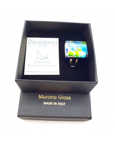 Bague rectangle en verre de Murano et murrine bijoux fantaisies artisans italiens