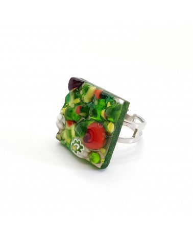 Bague relief carré en verre de Murano et murrine bijoux fantaisies artisans italiens