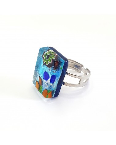 Bague rectangle en verre de Murano et murrine bijoux fantaisies artisans italiens