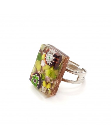Bague rectangle en verre de Murano et murrine bijoux fantaisies artisans italiens
