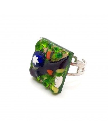 Bague relief carré en verre de Murano et murrine bijoux fantaisies artisans italiens