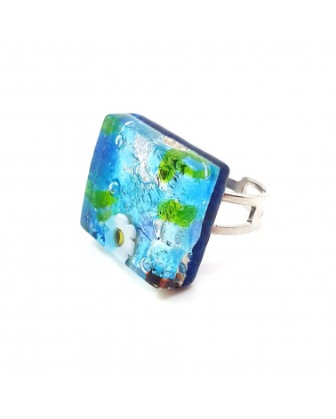 Bague carré en verre de Murano et murrine bijoux fantaisies artisans italiens