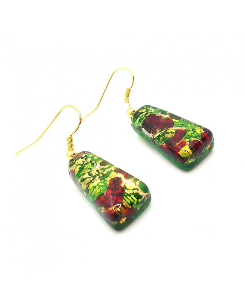 Boucles D'oreilles En Verre De Murano Rouge Marbré - Dormeuses En Acier Inoxydable - Bijou Neuf Français