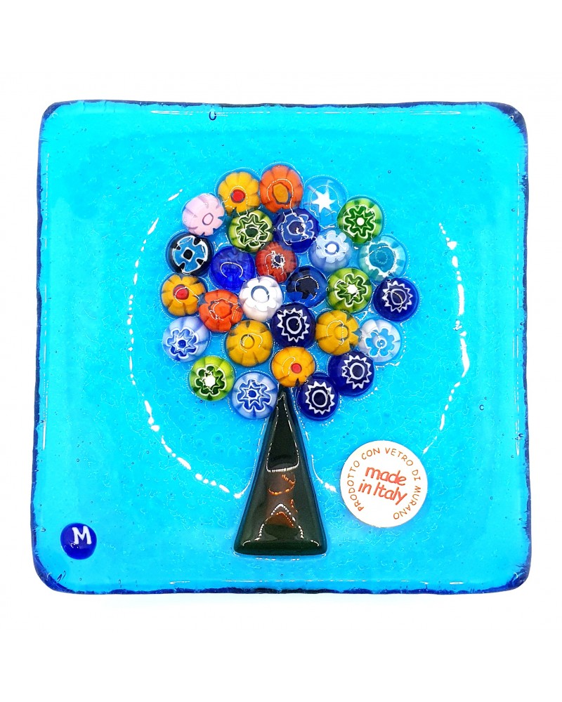 Petit plat carré en verre de Murano arbre de vie vert