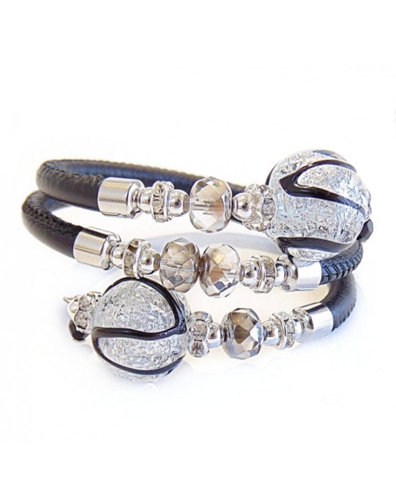 Bracelet Aida en cuir noir et perles en verre de Murano bijoux fantaisies artisans italiens Bracelet Aida en cuir noir et perles en verre de Murano bijoux fantaisies artisans italiens