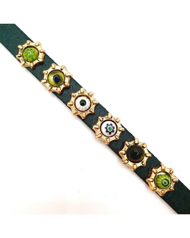 Bracelet cuir véritable avec 6 motifs et murrina vert bijoux fantaisies verre de Murano Bracelet cuir véritable avec 6 motifs et murrina vert bijoux fantaisies verre de Murano