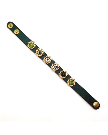 Bracelet cuir véritable avec 6 motifs et murrina vert bijoux fantaisies verre de Murano Bracelet cuir véritable avec 6 motifs et murrina vert bijoux fantaisies verre de Murano