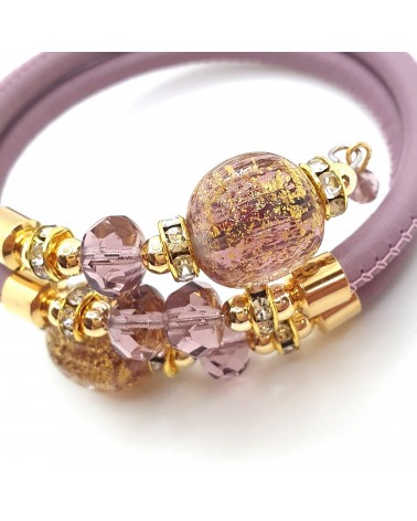 Bracelet Diana en cuir lilas et perles en verre de Murano bijoux fantaisies créateurs italiens Bracelet Diana en cuir lilas et perles en verre de Murano bijoux fantaisies créateurs italiens