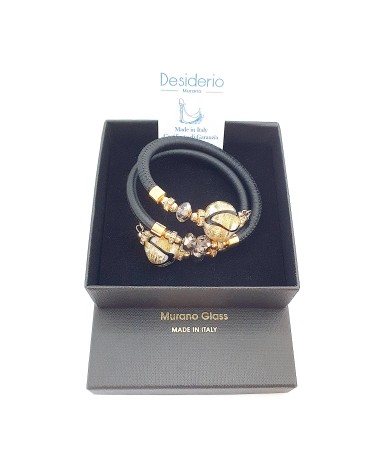 Bracelet Aida en cuir noir et perles en verre de Murano bijoux fantaisies fait à la main