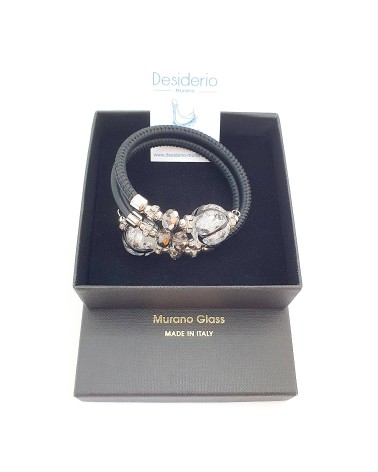 Bracelet Aida en cuir noir et perles en verre de Murano bijoux fantaisies fait à la main