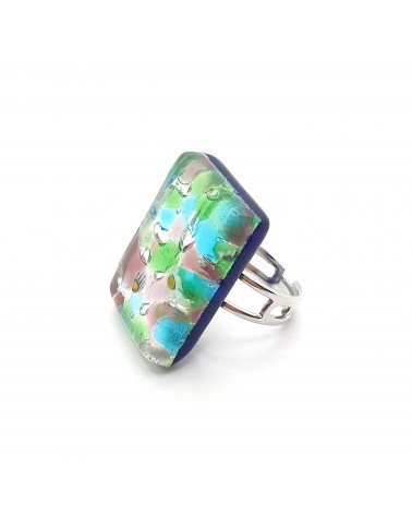 Grande bague rectangle en verre de Murano et murrine bijoux fantaisies artisans italiens