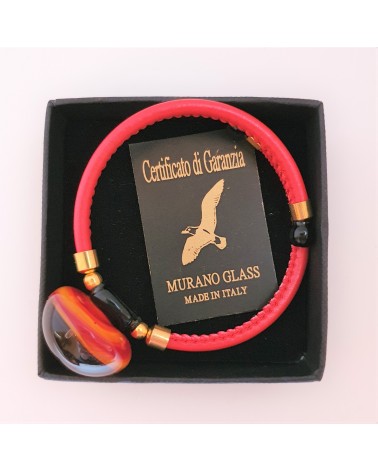 Bracelet en cuir et verre de Murano vortex rouge bijoux fantaisies fait à la main