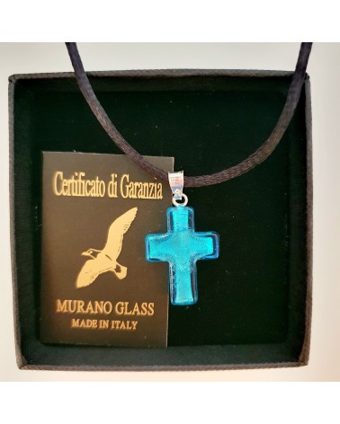 Pendentif croix en verre de Murano azur bijoux fantaisies made in Italy
