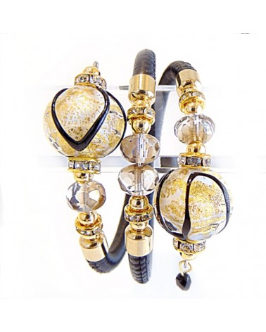 Bracelet Aida en cuir noir et perles en verre de Murano bijoux fantaisies fait à la main