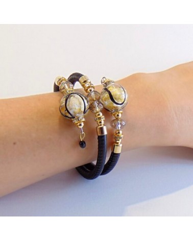 Bracelet Aida en cuir noir et perles en verre de Murano bijoux fantaisies fait à la main