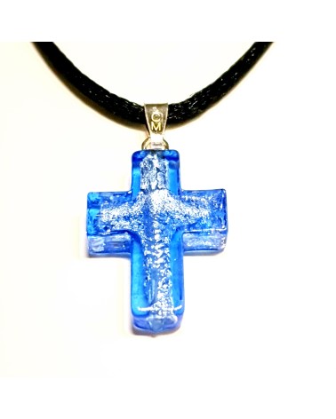 Pendentif croix en verre de Murano bleu bijoux fantaisies verre de Murano
