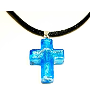 Pendentif croix en verre de Murano azur bijoux fantaisies made in Italy