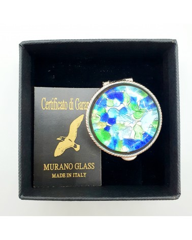 Boite à pilules ronde en verre de Murano verte et bleue objets fait à la main