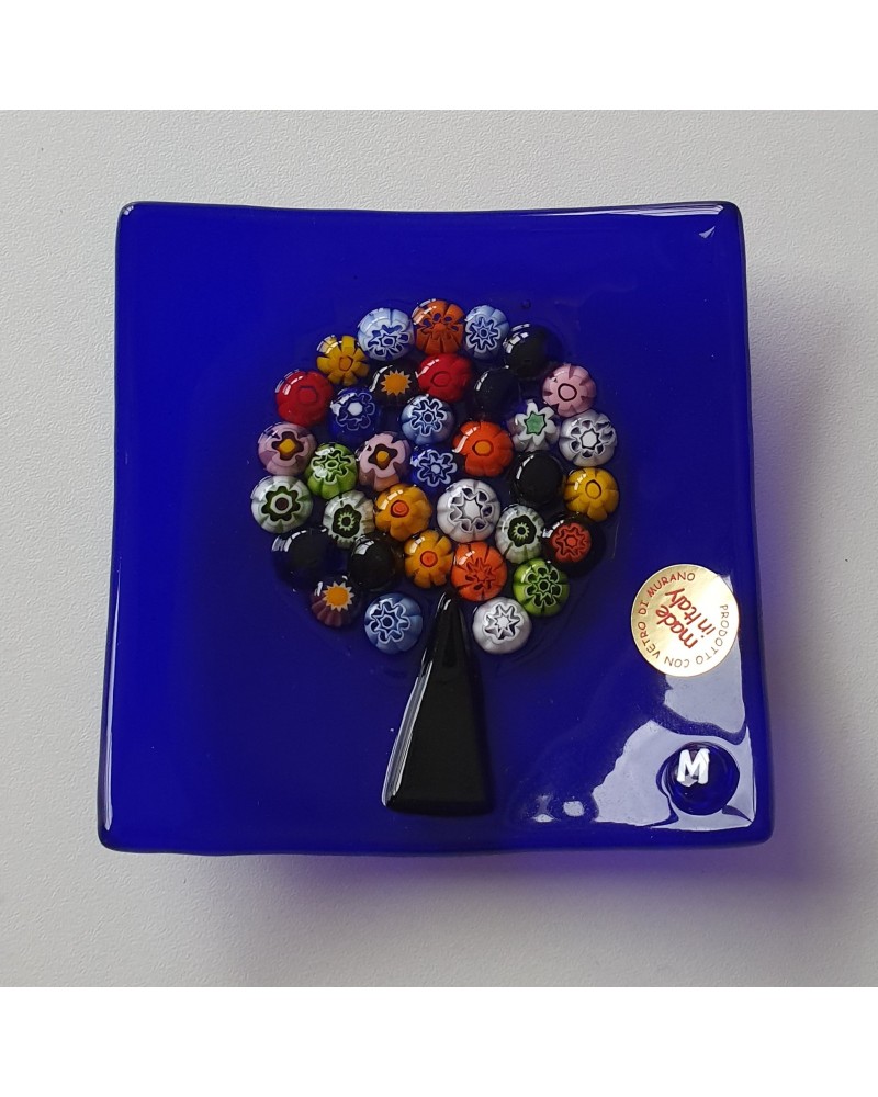 Petit plat carré en verre de Murano arbre de vie bleu marine