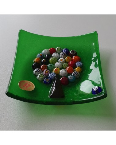 Petit plat carré en verre de Murano arbre de vie vert