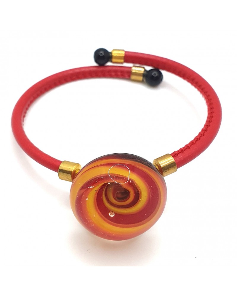 Bracelet en cuir et verre de Murano vortex rouge bijoux fantaisies fait à la main