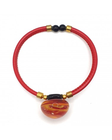 Bracelet en cuir et verre de Murano vortex rouge bijoux fantaisies fait à la main
