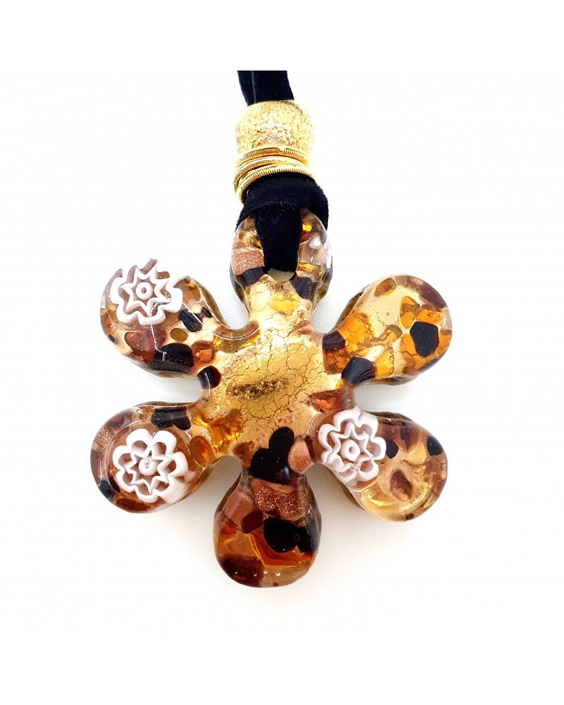 Pendentif En Verre De Murano Signé - Couleurs Cuivré, Noir, Rose, Blanc - Cordon 50 Cm, Occasion