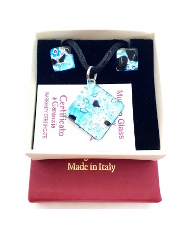 Petite parure carré en verre de Murano bleue bijoux fantaisies créateurs italiens