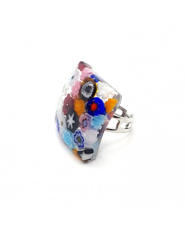 Bague carré verre Murano murrine fleurs bijoux fantaisies bijoux Murano