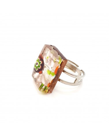 Bague rectangle en verre de Murano et murrine bijoux fantaisies artisans italiens