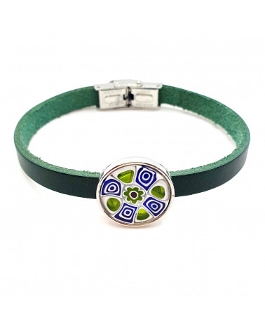 Bracelet en cuir avec murrine couleur verte bijoux fantaisies fait à la main Bijoux Murano