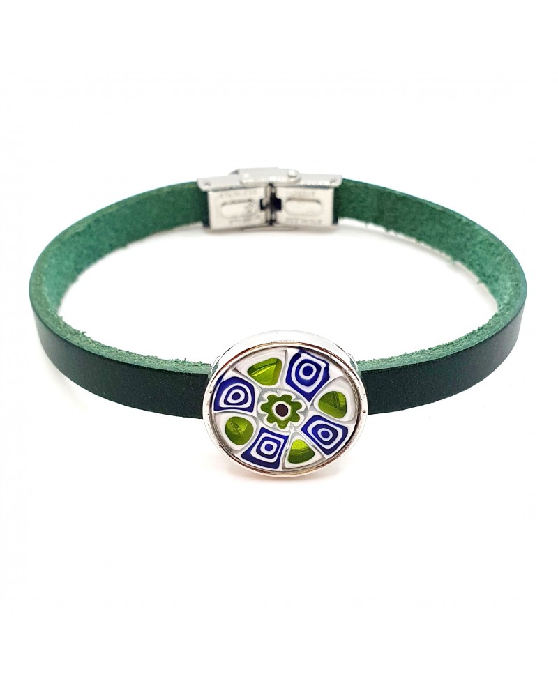 Bracelet en cuir avec murrine couleur verte bijoux fantaisies fait à la main Bijoux Murano