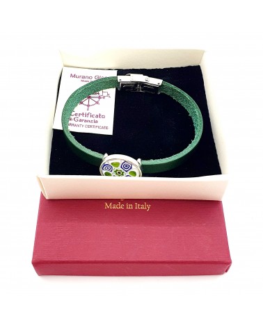 Bracelet en cuir avec murrine couleur verte bijoux fantaisies fait à la main Bijoux Murano