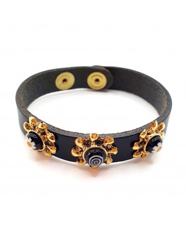 Bracelet cuir véritable avec 3 motifs et murrina noir bijoux fantaisie fait à la main