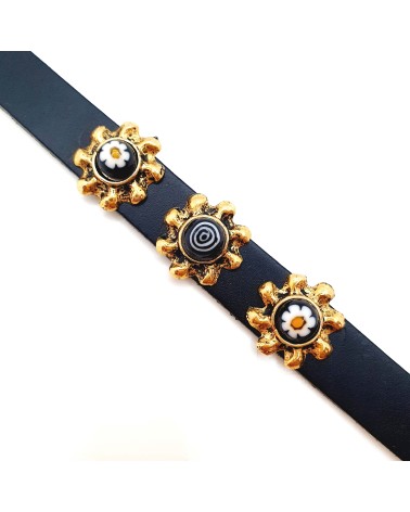 Bracelet cuir véritable avec 3 motifs et murrina noir bijoux fantaisie fait à la main