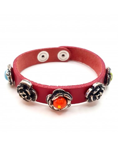 Bracelet cuir véritable avec 5 motifs  et murrina rouge bijoux fantaisie verre de Murano