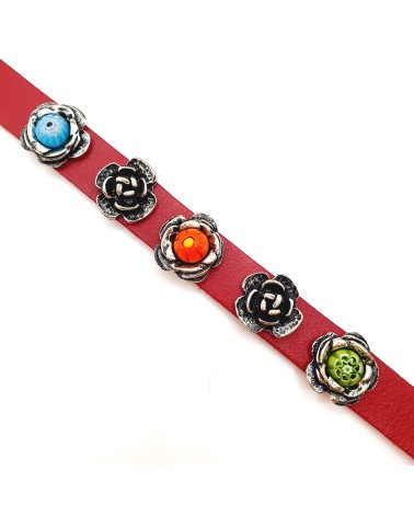 Bracelet cuir véritable avec 5 motifs  et murrina rouge bijoux fantaisie verre de Murano
