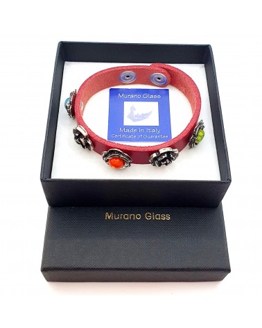 Bracelet cuir véritable avec 5 motifs  et murrina rouge bijoux fantaisie verre de Murano