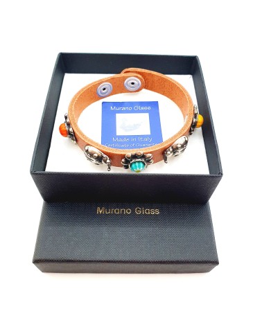 Bracelet cuir véritable avec 5 motifs et murrina marron bijoux fantaisie verre de Murano