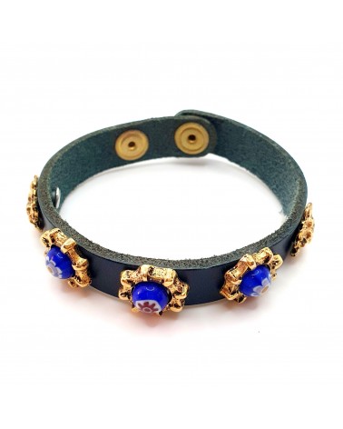 Bracelet cuir véritable avec 5 motifs et murrina bleu bijoux fantaisie verre de Murano