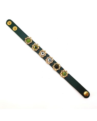 Bracelet cuir véritable avec 6 motifs et murrina vert bijoux fantaisies verre de Murano