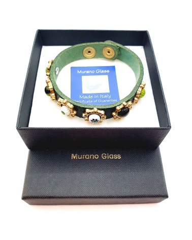 Bracelet cuir véritable avec 6 motifs et murrina vert bijoux fantaisies verre de Murano