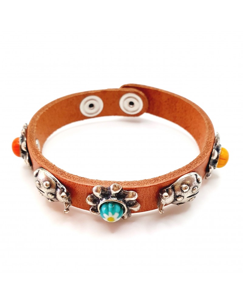 Bracelet cuir véritable avec 5 motifs et murrina marron bijoux fantaisie verre de Murano