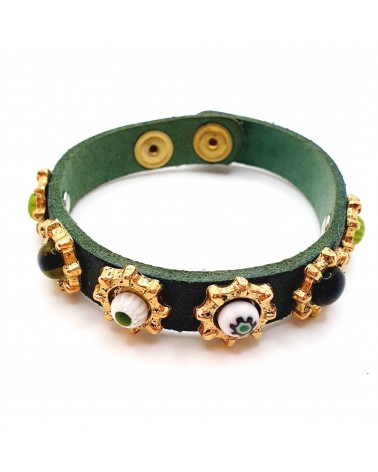 Bracelet cuir véritable avec 6 motifs et murrina vert bijoux fantaisies verre de Murano