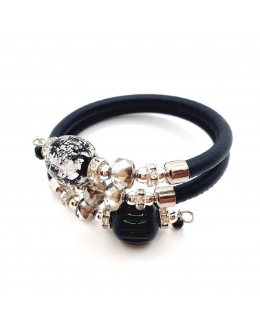 Bracelet black Rugiada en cuir noir et perles en verre de Murano bijoux fantaisies fait à la main